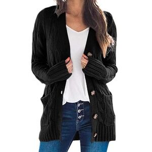 Womens Black Cable Knit Button Front Cardigan Sweater with Pockets Relaxed Fit